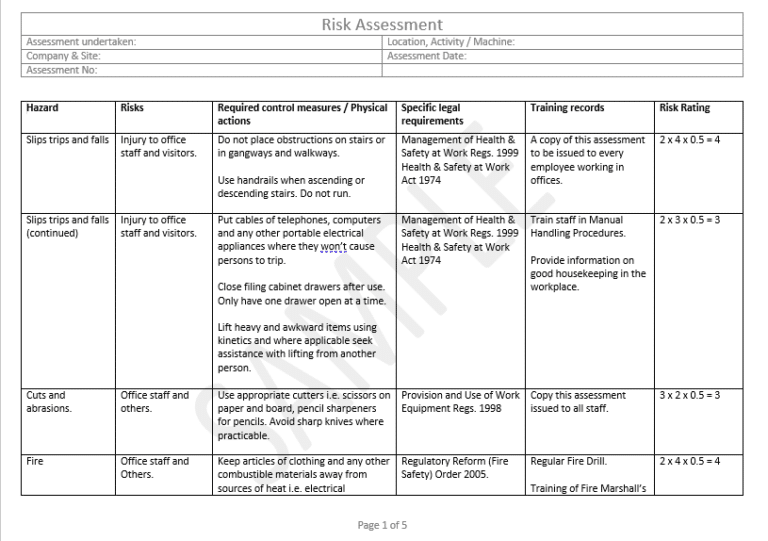 General Risk Assessment Template - LHT Health & Safety