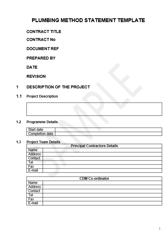 Plumbing Method Statement Template LHT Health Safety